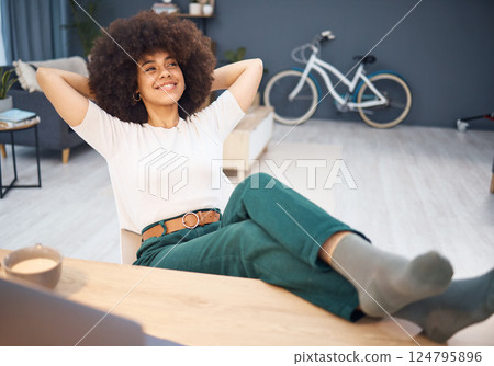 Business woman relax and happy while proud of achievement at work resting with confident smile. Happy latino female in corporate career office alone to enjoy chill time while thinking of success 124795896