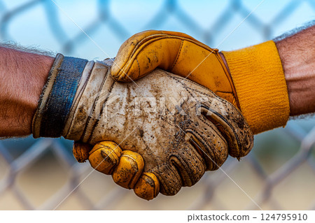 Two people wearing work gloves shake hands outside with a fence in the background. Concept of cooperation, teamwork, unity. For construction teamwork. 124795910