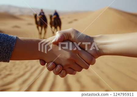 Two hands are shaking in the foreground with camels and desert dunes in the background. Concept of agreement and adventure. For business or travel themes. 124795911