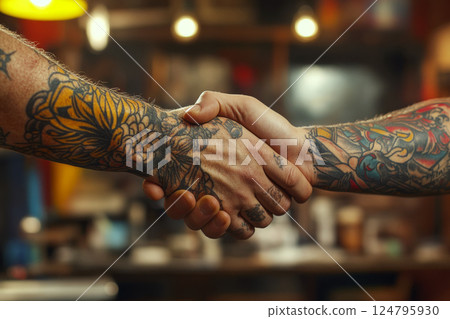Two tattooed hands are shaking in a warmly lit room with blurred background. Concept of partnership and mutual respect. For symbolizing cooperation. 124795930