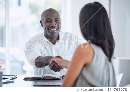 Business people, handshake and meeting for partnership, b2b or collaboration with smile at office. Employee workers shaking hands for business deal, agreement or company recruitment at the workplace 124795978