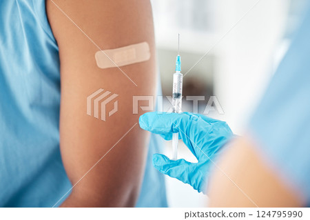 Doctor hands, covid vaccine or band aid on arm after global virus injection in security, safety or wellness life insurance. Zoom, medical nurse or healthcare worker and plaster for hospital black man Doctor hands, covid vaccine or band aid on arm after global virus injection in security, safety or wellness life insurance. Zoom, medical nurse or healthcare worker and plaster for hospital black man 124795990