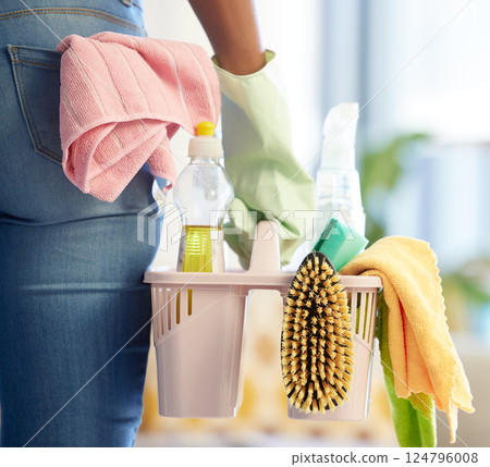 Hand, cleaning products and home supplies for house cleaning service. Cleaner, chemical basket and hygiene safety tools for spring clean worker in latex gloves with chemical sanitation container 124796008