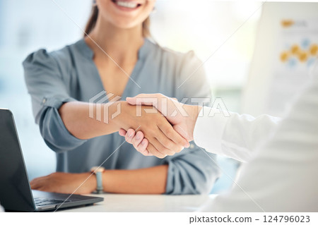 B2b, business meeting and handshake thank you to client for corporate partnership, sales deal and retail presentation. Crm team leader, company CEO and executive shaking hands for future work success 124796023
