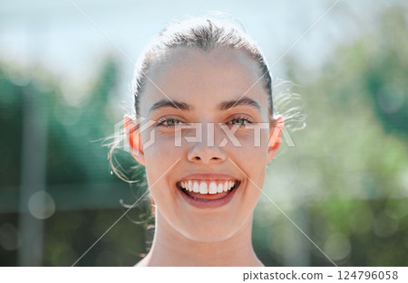 Happy, woman and summer zoom portrait with excited smile on face for vacation adventure in Brazil. Wellness, happiness and good mental health of real girl enjoying outdoor sunshine on holiday. 124796058