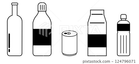 Beverage container icon set, assorted illustrations of bottles, cans, cartons, etc. Beverage container icon set, assorted illustrations of bottles, cans, cartons, etc. 124796071