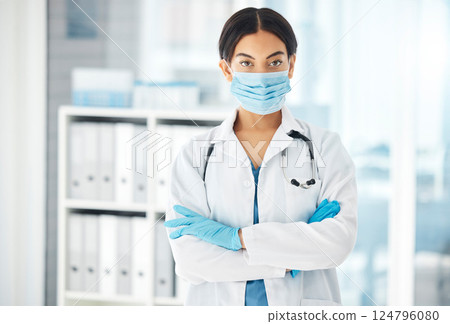 Covid, medical and arms crossed with portrait of doctor with face mask for medicine, help and insurance in hospital. Consulting, pandemic and healthcare with woman in clinic fo surgery and innovation Covid, medical and arms crossed with portrait of doctor with face mask for medicine, help and insurance in hospital. Consulting, pandemic and healthcare with woman in clinic fo surgery and innovation 124796080