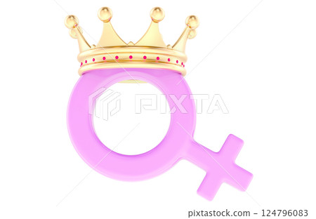 Female gender symbol with golden crown. 3D rendering 124796083