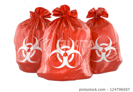 Full garbage bags with biohazard symbols, 3D rendering Full garbage bags with biohazard symbols, 3D rendering 124796087