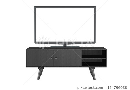 LED Flat Screen TV with white screen on TV nightstand with shelves. Dark color, front view. 3D rendering 124796088