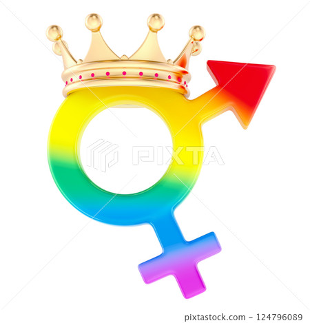 Male and female or intersex, androgynous, hermaphrodite symbol with golden crown. 3D rendering 124796089