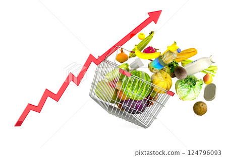 Shopping basket with food products flying out of it and growing red arrow. Rising Supermarket prices and food cost or grocery price, concept. 3D rendering 124796093