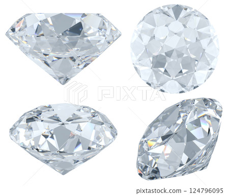 Sparkling Diamonds, clear gemstones. Top, side and front views. 3D rendering 124796095