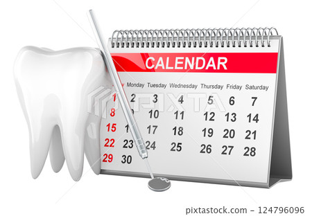 Tooth and desk calendar with dental mirror. Dentist date, concept. 3D rendering 124796096