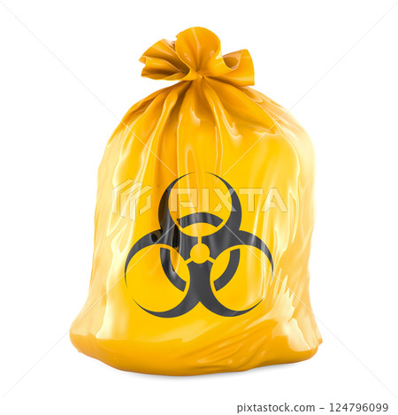 Yellow full garbage bag with bio hazard sign, 3D rendering 124796099