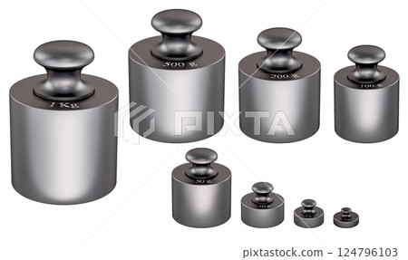 Calibration weights. Scale Weight Set, 3D rendering Calibration weights. Scale Weight Set, 3D rendering 124796103