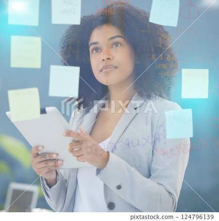 Black woman, tablet planning and glass ideas for office schedule, vision and startup solution. Female business entrepreneur, digital app technology and brainstorming goals, strategy and innovation 124796139