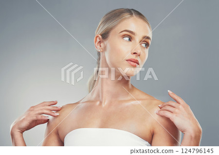 Skincare, beauty and woman with hands on shoulder model for wellness, spa and body care. Cosmetics, skincare products and female in studio on gray background with perfect, healthy and natural skin Skincare, beauty and woman with hands on shoulder model for wellness, spa and body care. Cosmetics, skincare products and female in studio on gray background with perfect, healthy and natural skin 124796145