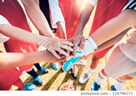 Hands, team and soccer in support, trust and collaboration for diversity in sports on a field in the outdoor. Hand, football and teamwork connect together in motivation, support or plan to win game Hands, team and soccer in support, trust and collaboration for diversity in sports on a field in the outdoor. Hand, football and teamwork connect together in motivation, support or plan to win game 124796171