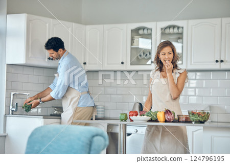 Health cooking, eating and couple in a kitchen with vegetables and salad for vitamins and wellness. Diet, nutrition and food recipe of a wife and man together making a healthy dinner meal at home 124796195