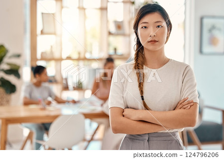 Portrait, leadership and meeting with an asian woman in business standing arms crossed in a boardroom. Confident, leader and planning with a young female employee ready for strategy or training Portrait, leadership and meeting with an asian woman in business standing arms crossed in a boardroom. Confident, leader and planning with a young female employee ready for strategy or training 124796206