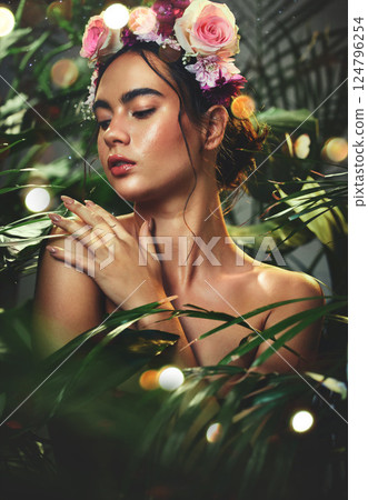 Nature, beauty and woman with skincare for wellness, cosmetic health or body healthcare grooming. Flower, plant and face of dermatology model relax with advertising for natural facial or skin product Nature, beauty and woman with skincare for wellness, cosmetic health or body healthcare grooming. Flower, plant and face of dermatology model relax with advertising for natural facial or skin product 124796254