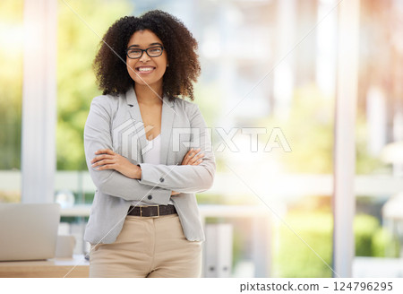 Arms crossed, management and portrait of business woman in office for leadership, vision and pride. Goals, smile and manager with black woman at desk working on executive, lifestyle and startup Arms crossed, management and portrait of business woman in office for leadership, vision and pride. Goals, smile and manager with black woman at desk working on executive, lifestyle and startup 124796295