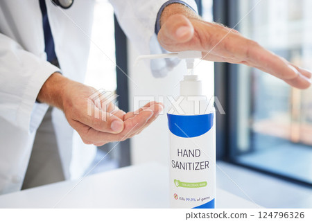 Doctor, hands and sanitizer for hygiene protection against virus, disease or bacteria at the workplace. Hand of healthcare professional using sanitary equipment for medical wellness and clean safety 124796326