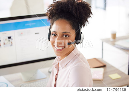 Call center, customer support and consulting with black woman at computer for online shopping, design or technology help desk. Communication, telemarketing and portrait of employee for crm or contact 124796386