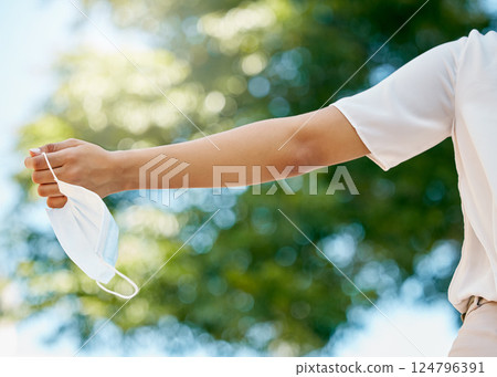 Freedom, covid and hands with face mask in air at end of pandemic, lockdown and quarantine. Fresh air, happiness and carefree woman holding mask enjoying normal lifestyle in park, outdoors and nature Freedom, covid and hands with face mask in air at end of pandemic, lockdown and quarantine. Fresh air, happiness and carefree woman holding mask enjoying normal lifestyle in park, outdoors and nature 124796391
