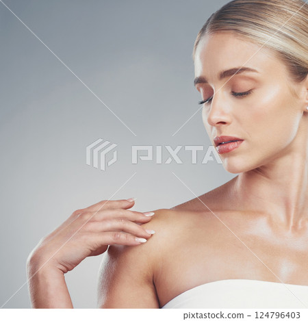 Woman, beauty and skincare model with healthy skin glow from cosmetics cream, moisturizing body lotion and organic skincare routine. Moisturizer, cosmetic creme and natural product for spa treatment Woman, beauty and skincare model with healthy skin glow from cosmetics cream, moisturizing body lotion and organic skincare routine. Moisturizer, cosmetic creme and natural product for spa treatment 124796403