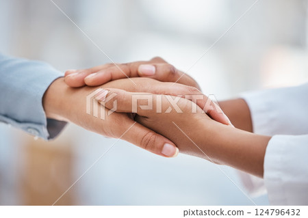 Doctor, women or holding hands in support, trust or medical wellness in hospital with anxiety stress. Zoom, healthcare worker or patient in counseling therapy for cancer, mental health or depression 124796432