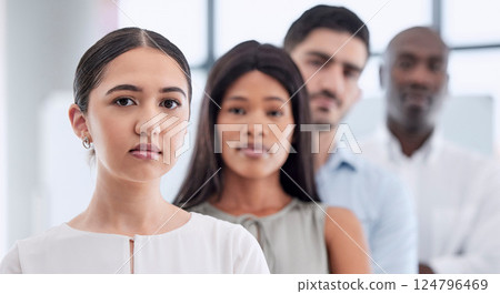 Portrait, team and business people in line for collaboration, support and partnership in a global company. Diversity, men and young women employees after a meeting for a startup in an office building Portrait, team and business people in line for collaboration, support and partnership in a global company. Diversity, men and young women employees after a meeting for a startup in an office building 124796469