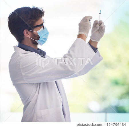 Healthcare, research and doctor with covid vaccine at hospital for medicine, science and innovation. Medical, vaccination and corona man researcher working futuristic, breakthrough and miracle drug Healthcare, research and doctor with covid vaccine at hospital for medicine, science and innovation. Medical, vaccination and corona man researcher working futuristic, breakthrough and miracle drug 124796484