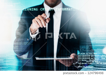 Hacking, cybercrime and digital overlay of credit card information theft, identity fraud and cyber security threat. Fintech blockchain technology, cloud computing safety and futuristic ai iot hacker 124796498