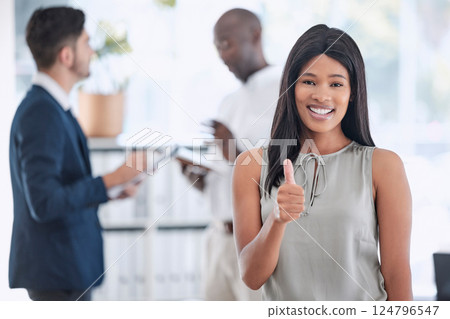 Thumbs up, leader and business woman in office, happy and smile with vision, goal and mission. Portrait, hand sign and black woman leadership in corporate, startup and company, excited and success Thumbs up, leader and business woman in office, happy and smile with vision, goal and mission. Portrait, hand sign and black woman leadership in corporate, startup and company, excited and success 124796547