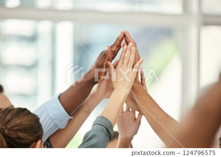 Hands, high five and business people, team and success in meeting for team building, support and trust at company. Diversity in business, collaboration and solidarity between workers and win. Hands, high five and business people, team and success in meeting for team building, support and trust at company. Diversity in business, collaboration and solidarity between workers and win. 124796575