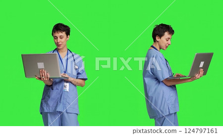 Nurse attending online telemedicine videocall on laptop, talking to patients about disease diagnosis and treatments. Specialist consulting people on internet conference network. Camera B. 124797161
