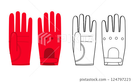 Driving Gloves red cartoon and outline Fashion hand accessory clothing technical illustration garment. Vector front palm Driving Gloves red cartoon and outline Fashion hand accessory clothing technical illustration garment. Vector front palm 124797223
