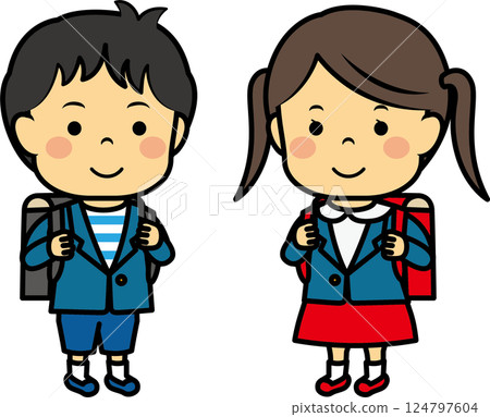 背著書包的小學男生和女生 背著書包的小學男生和女生 124797604