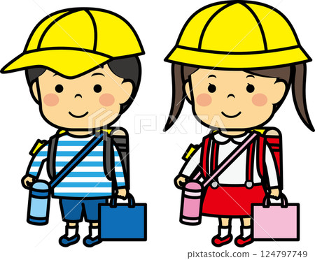 Elementary school boys and girls walking with school bags Elementary school boys and girls walking with school bags 124797749