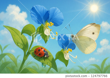 Ladybugs and cabbage white butterflies on morning glory after the rain Ladybugs and cabbage white butterflies on morning glory after the rain 124797766