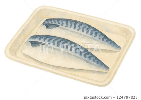 Illustration of packaged mackerel fillets (raw fish, mackerel) 124797823