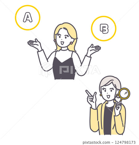Illustration set of a woman comparing two things and a woman holding a magnifying glass 124798173