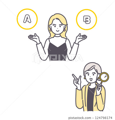 Illustration set of a woman comparing two things and a woman holding a magnifying glass 124798174