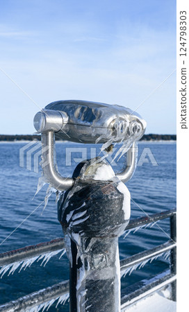 Frozen View Through a Public Telescope Sights Overlooking Icy Lake Frozen View Through a Public Telescope Sights Overlooking Icy Lake 124798303