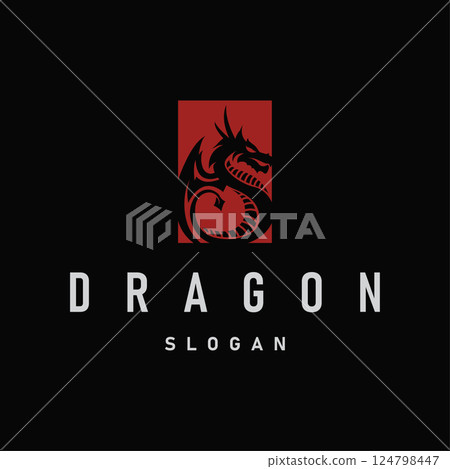 mystical animal legend design with simple dragon logo silhouette and vintage retro ancient illustration templet design 124798447
