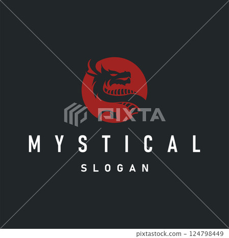 mystical animal legend design with simple dragon logo silhouette and vintage retro ancient illustration templet design 124798449