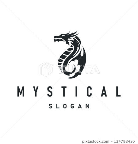 mystical animal legend design with simple dragon logo silhouette and vintage retro ancient illustration templet design 124798450