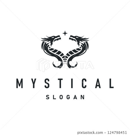mystical animal legend design with simple dragon logo silhouette and vintage retro ancient illustration templet design 124798451